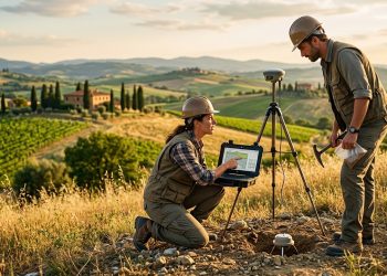Geólogos analisam dados em campo com equipamentos de medição, laptop e sensores em uma paisagem rural com colinas ao fundo.