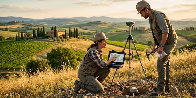 Geólogos analisam dados em campo com equipamentos de medição, laptop e sensores em uma paisagem rural com colinas ao fundo.