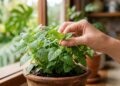 Mão feminina colhendo delicadamente as folhas verdes e texturizadas de uma erva-cidreira plantada em um vaso rústico de barro. A planta está apoiada no parapeito de uma janela de madeira, com uma folha de costela-de-adão desfocada ao fundo.