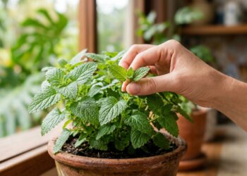 Mão feminina colhendo delicadamente as folhas verdes e texturizadas de uma erva-cidreira plantada em um vaso rústico de barro. A planta está apoiada no parapeito de uma janela de madeira, com uma folha de costela-de-adão desfocada ao fundo.
