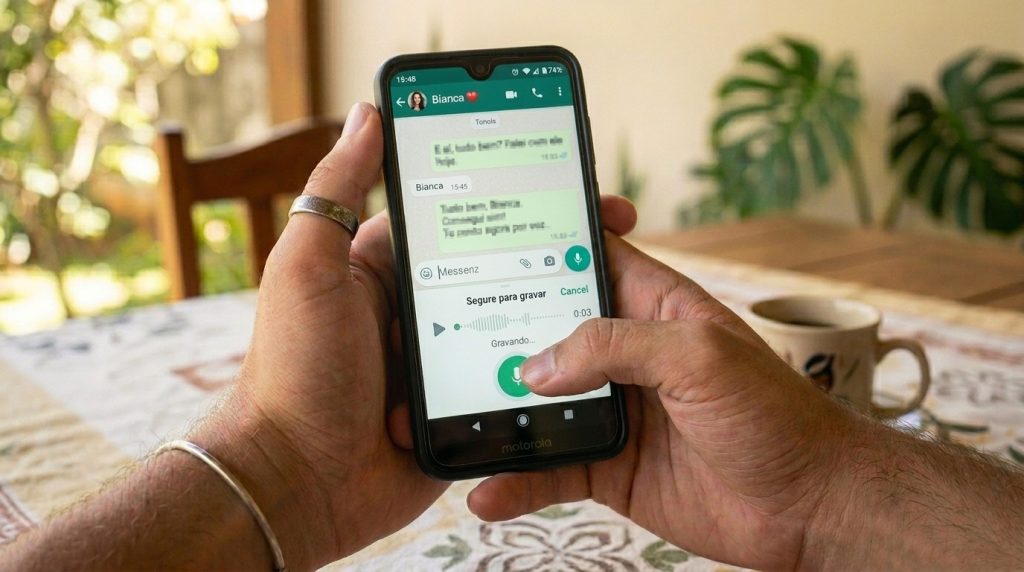 Mãos masculinas segurando um smartphone Motorola sobre uma mesa posta. O polegar direito está pressionando o ícone verde de microfone no WhatsApp para gravar um áudio. A tela mostra o chat com a contato "Bianca" e o tempo de gravação em 0:03. Ao fundo, uma xícara de café desfocada.
