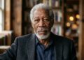 Close no rosto de Morgan Freeman, focando em suas sardas, rugas de expressão e barba branca texturizada. Ele olha diretamente para a câmera com um olhar calmo e sábio. Ele veste um blazer preto sobre uma camisa azul escura. Ele está sentado em uma biblioteca com prateleiras de livros desfocadas no fundo e luz natural vindo de uma janela.