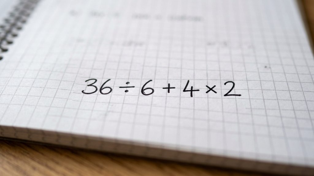 Caderno quadriculado com a expressão matemática 36 ÷ 6 + 4 × 2 escrita à mão.
