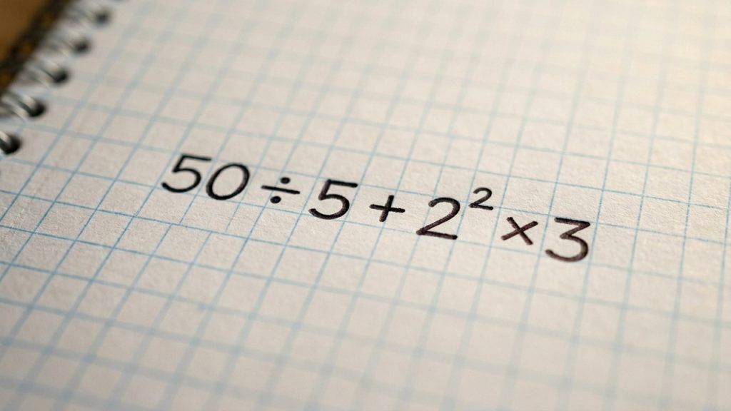 Caderno quadriculado com a expressão matemática 50 ÷ 5 + 2² × 3 escrita à mão.