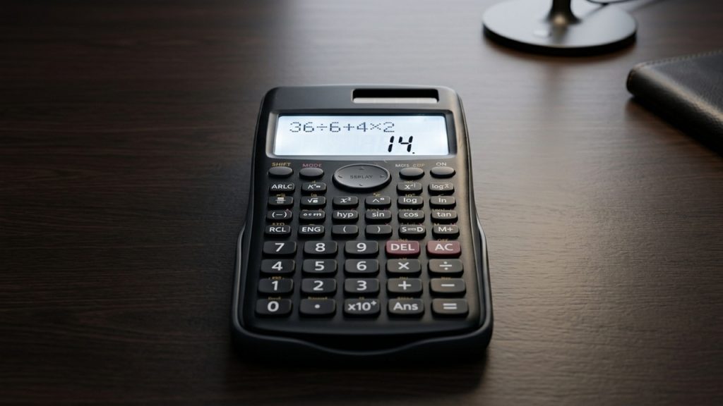 Calculadora científica mostra a expressão matemática 36 ÷ 6 + 4 × 2 com resultado 14 na tela.