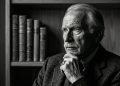 Homem idoso em retrato preto e branco, com expressão reflexiva, sentado diante de uma estante de livros.