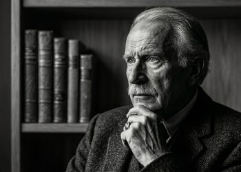 Homem idoso em retrato preto e branco, com expressão reflexiva, sentado diante de uma estante de livros.