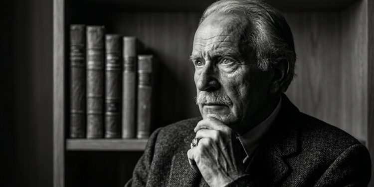 Homem idoso em retrato preto e branco, com expressão reflexiva, sentado diante de uma estante de livros.