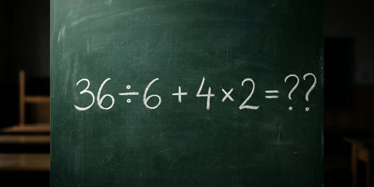 Quadro verde com a expressão matemática 36 ÷ 6 + 4 × 2 escrita em giz branco.