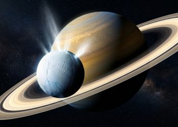 Ilustração mostra Encélado, lua gelada de Saturno, emitindo jatos de vapor e partículas diante dos anéis do planeta.