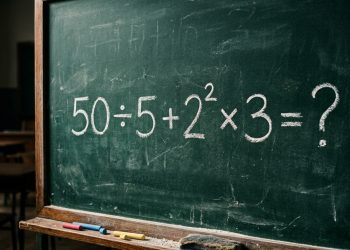 Quadro verde com a expressão matemática 50 ÷ 5 + 2² × 3 escrita em giz branco.