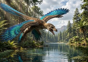 Dinossauro emplumado com asas abertas plana sobre um lago em uma floresta pré-histórica, com penas azuladas e vegetação ao redor.