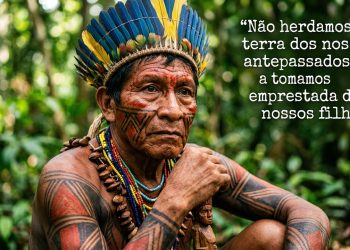 Pessoa indígena com cocar e pinturas corporais em floresta, ao lado de frase sobre preservar a terra para os filhos.