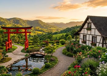 Paisagem com jardim japonês, portal torii vermelho, lago, ponte, casa em estilo enxaimel e montanhas verdes ao pôr do sol.