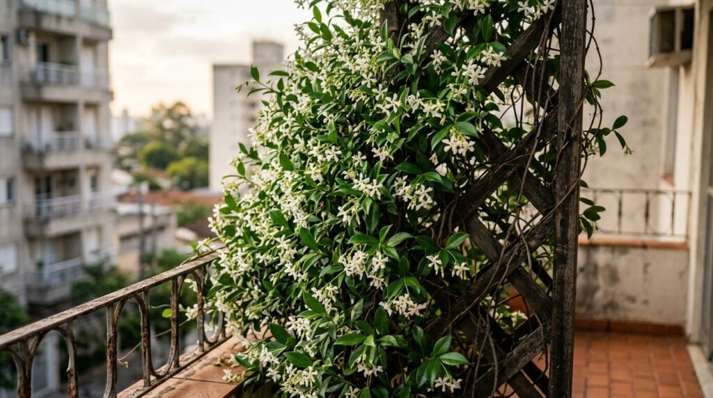 Treliça de madeira rústica na lateral de uma varanda, intensamente coberta por folhagens verdes e dezenas de pequenas flores brancas de jasmim-estrela. Prédios urbanos aparecem desfocados ao fundo sob a luz do fim de tarde.