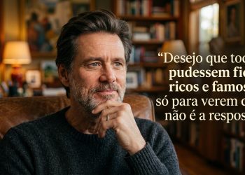 Jim Carrey sentado em uma biblioteca, ao lado da frase “Desejo que todos pudessem ficar ricos e famosos só para verem que não é a resposta”.