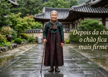 Pessoa idosa em traje tradicional em pátio de arquitetura coreana, ao lado da frase “Depois da chuva, o chão fica mais firme”.