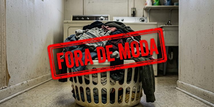 Cesto de roupas cheio em lavanderia simples aparece com carimbo vermelho com a frase “Fora de moda”.