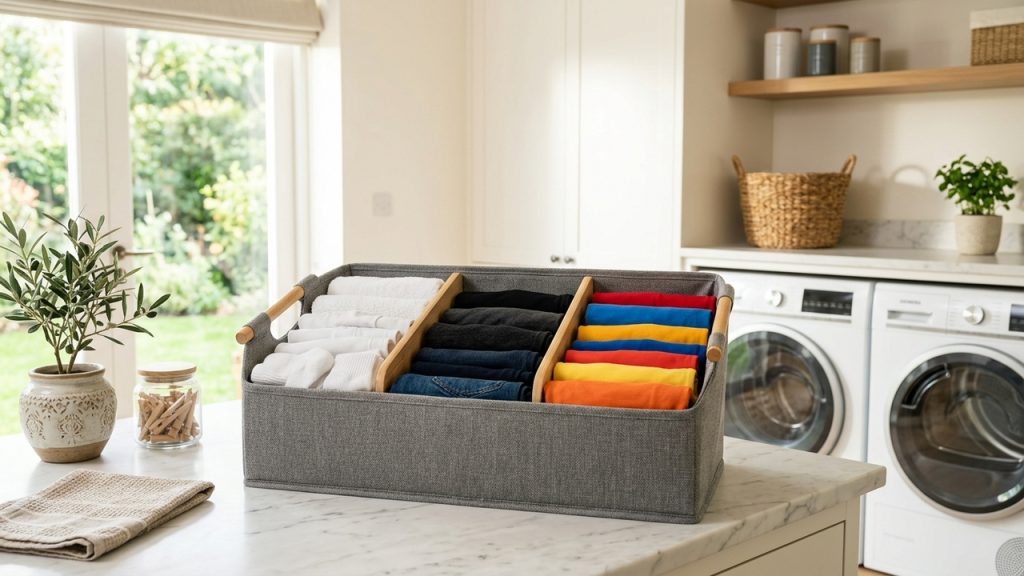 Organizador de roupas com divisórias sobre bancada de lavanderia moderna, com peças dobradas por cor e máquinas de lavar ao fundo.