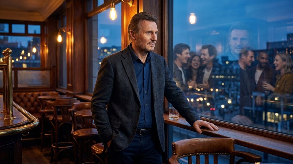 Homem em bar elegante observa a cidade pela janela, com reflexos de pessoas conversando ao fundo.