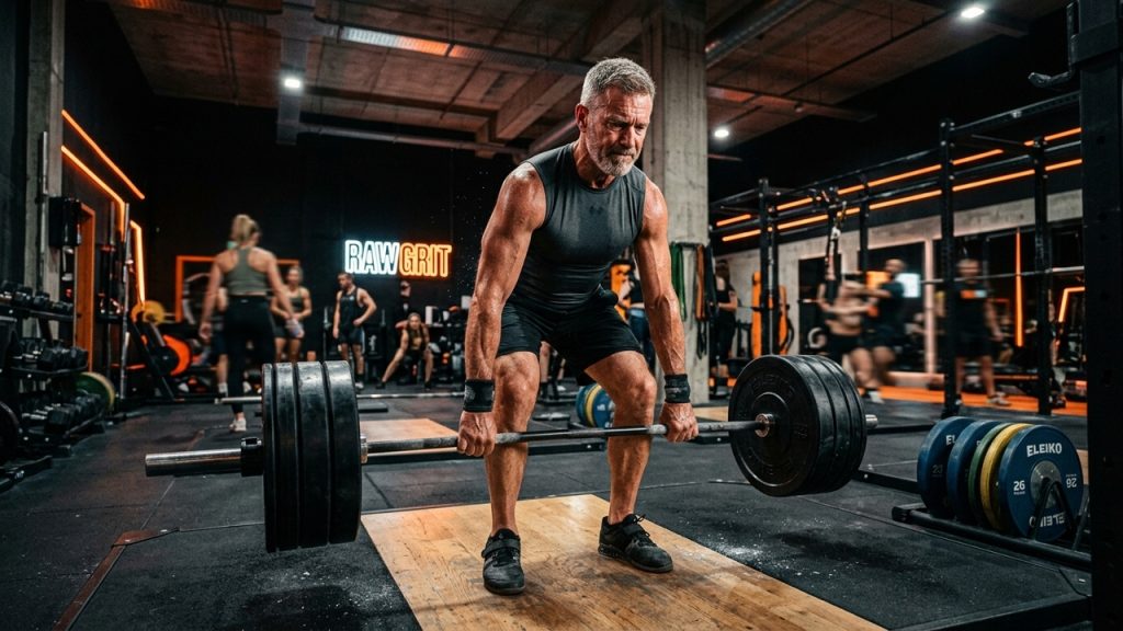 Homem realiza levantamento terra em academia moderna, com barra carregada, equipamentos de treino e outras pessoas ao fundo.