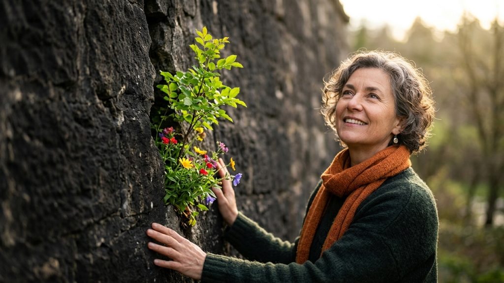 Mulher sorri ao tocar uma planta com flores crescendo em uma parede de pedra escura, simbolizando esperança, adaptação e superação.