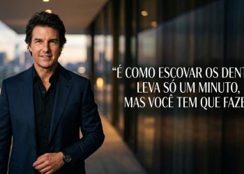 Homem de terno em ambiente moderno aparece ao lado de frase em português sobre disciplina, hábito diário e constância.