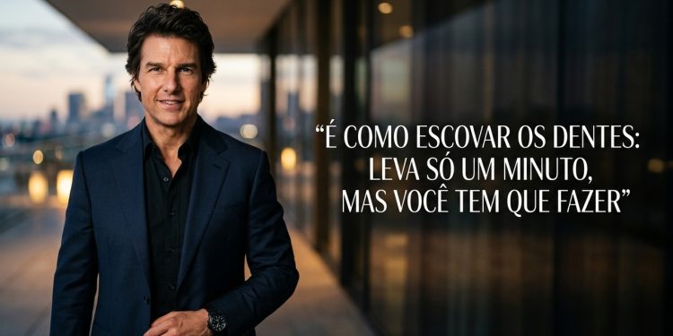 Homem de terno em ambiente moderno aparece ao lado de frase em português sobre disciplina, hábito diário e constância.
