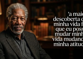Homem idoso em ambiente de biblioteca aparece ao lado de frase em português sobre mudar a própria vida por meio da atitude.