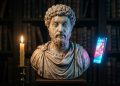 Busto de mármore clássico em biblioteca escura aparece ao lado de vela acesa e smartphone iluminado, simbolizando contraste entre sabedoria antiga e tecnologia moderna.