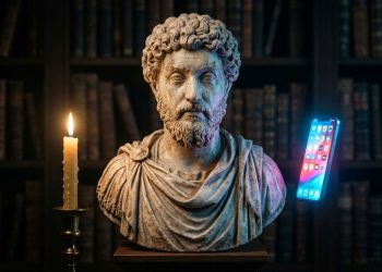 Busto de mármore clássico em biblioteca escura aparece ao lado de vela acesa e smartphone iluminado, simbolizando contraste entre sabedoria antiga e tecnologia moderna.