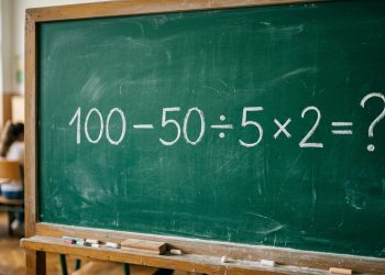Quadro verde em sala de aula com a expressão matemática 100 - 50 ÷ 5 × 2 = ? escrita em giz.