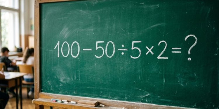 Quadro verde em sala de aula com a expressão matemática 100 - 50 ÷ 5 × 2 = ? escrita em giz.