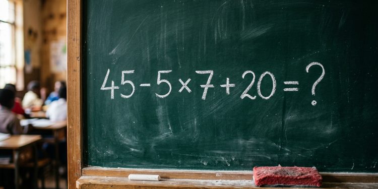 Quadro verde em sala de aula com a expressão matemática 45 - 5 × 7 + 20 = ? escrita em giz branco.
