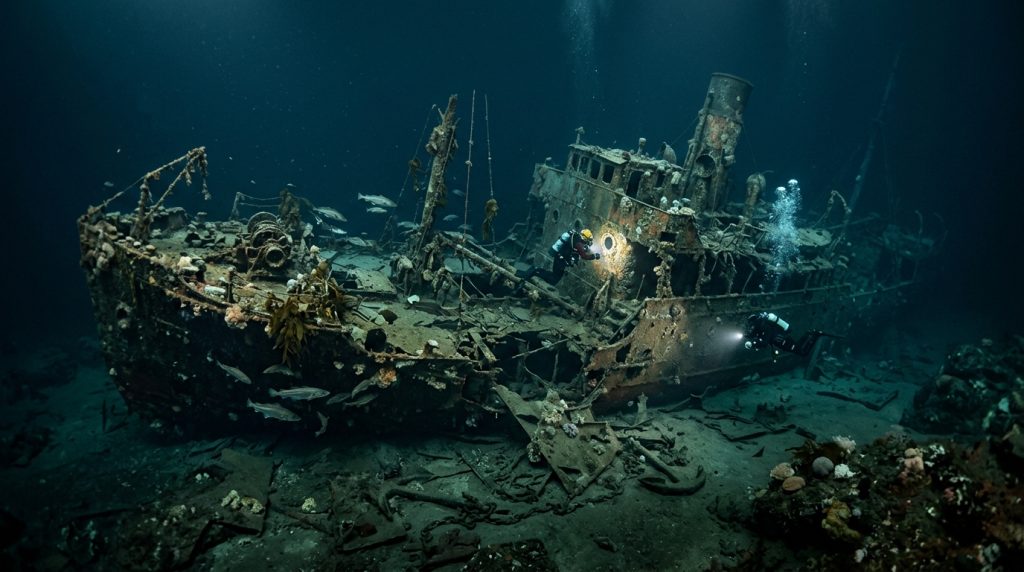 Descoberta de um navio naufragado do século 18 na Noruega e a recuperação de seus tesouros intactos.