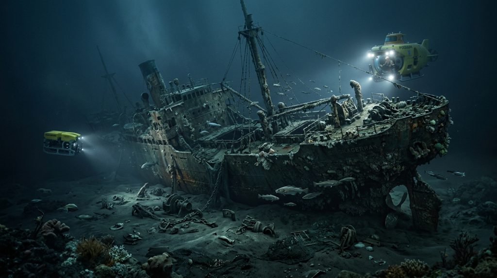 Descoberta de um navio naufragado do século 18 na Noruega e a recuperação de seus tesouros intactos.