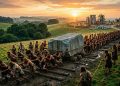 Grupo de pessoas pré-históricas transporta grande bloco de pedra com cordas e troncos em paisagem rural ao pôr do sol, com Stonehenge ao fundo.