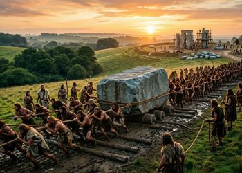 Grupo de pessoas pré-históricas transporta grande bloco de pedra com cordas e troncos em paisagem rural ao pôr do sol, com Stonehenge ao fundo.