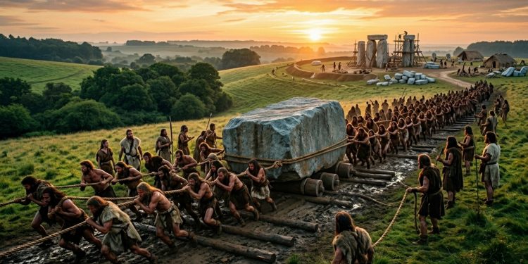 Grupo de pessoas pré-históricas transporta grande bloco de pedra com cordas e troncos em paisagem rural ao pôr do sol, com Stonehenge ao fundo.