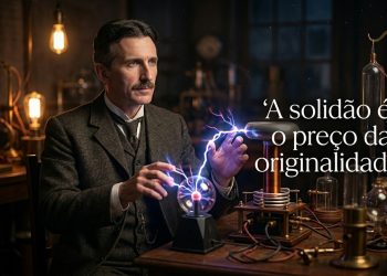 Homem em laboratório antigo realiza experimento elétrico ao lado de equipamentos científicos e frase sobre solidão e originalidade.