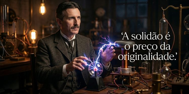 Homem em laboratório antigo realiza experimento elétrico ao lado de equipamentos científicos e frase sobre solidão e originalidade.
