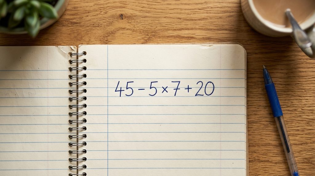 Caderno aberto sobre mesa de madeira com a expressão matemática 11 × 6 - 36 ÷ 4 escrita em caneta azul.