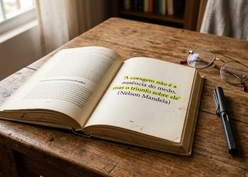 Um livro aberto sobre uma mesa de madeira rústica próximo a uma janela bem iluminada. Na página da direita, a frase "A coragem não é a ausência do medo, mas o triunfo sobre ele (Nelson Mandela)" está destacada com marca-texto amarelo. Óculos de grau e uma caneta preta repousam ao lado do livro.