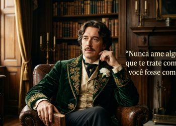 Homem elegante sentado em biblioteca clássica aparece ao lado de frase em português sobre amor, valor próprio e não aceitar ser tratado como comum.