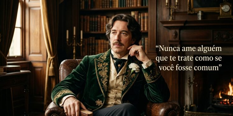 Homem elegante sentado em biblioteca clássica aparece ao lado de frase em português sobre amor, valor próprio e não aceitar ser tratado como comum.