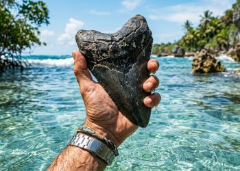 Mão segura grande dente fossilizado em praia de águas cristalinas, com rochas, vegetação costeira e mar azul ao fundo.