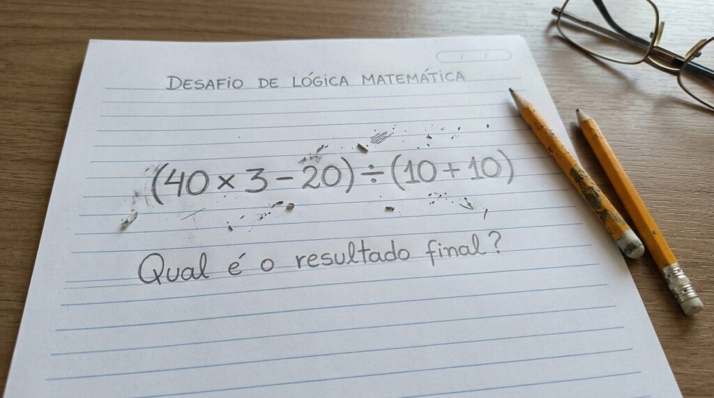 Desafio de matemática: quanto é (40 x 3 - 20) ÷ (10 + 10)?