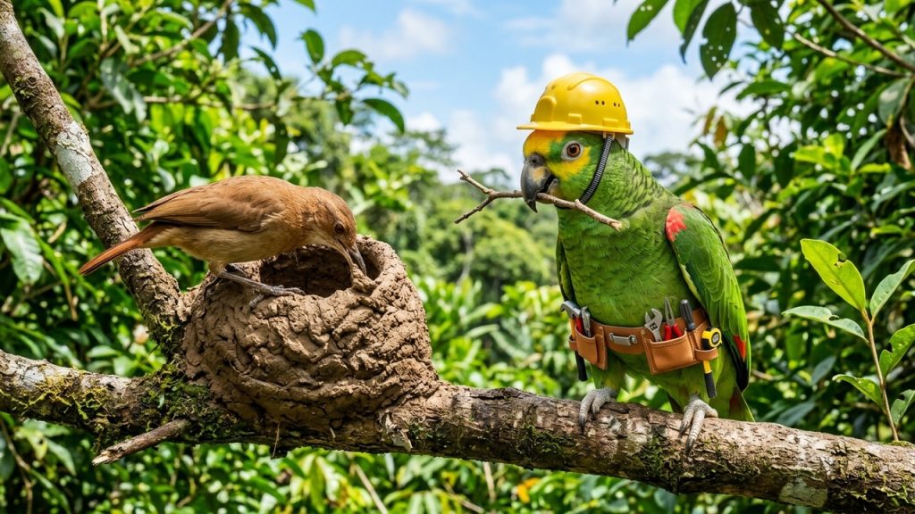Papagaio com capacete amarelo e cinto de ferramentas segura galho enquanto pássaro constrói ninho de barro em árvore.