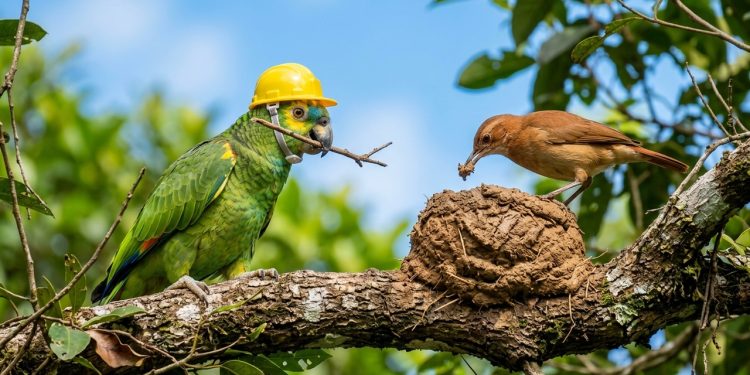 Papagaio usando capacete amarelo segura galho enquanto um pássaro constrói ninho de barro sobre árvore em ambiente natural.