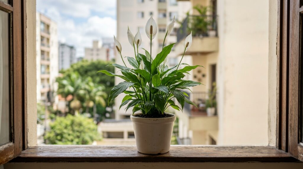 Vaso branco sobre o batente de madeira de uma janela aberta, exibindo um Lírio da Paz vibrante, com folhagem verde escura ereta e diversas flores brancas despontando. Ao fundo, uma paisagem urbana com prédios e árvores desfocadas.